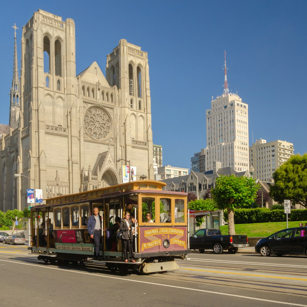San Francisco, USA - Jun 24, 2015: Iconic Grace Cathedral stands on top of Nob Hill on a beautiful sunny, blue sky day; Shutterstock ID 1201473919; your: Meghan O'Dea; gl: 65050; netsuite: Online Editorial; full: POI