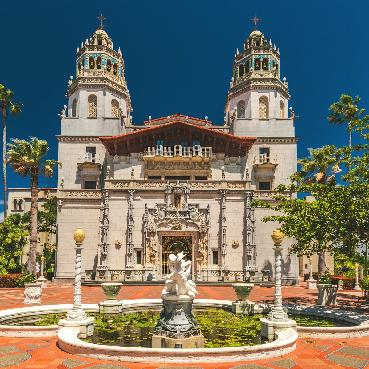 San Simeon, California / USA - May 12, 2018: Exterior view of Hearst Castle, William Randolph Hearst's extravagant coastal hilltop estate designed by architect Julia Morgan over 28 years.; Shutterstock ID 1297759909; your: Meghan O'Dea; gl: 65050; netsuite: Online Editorial; full: POI