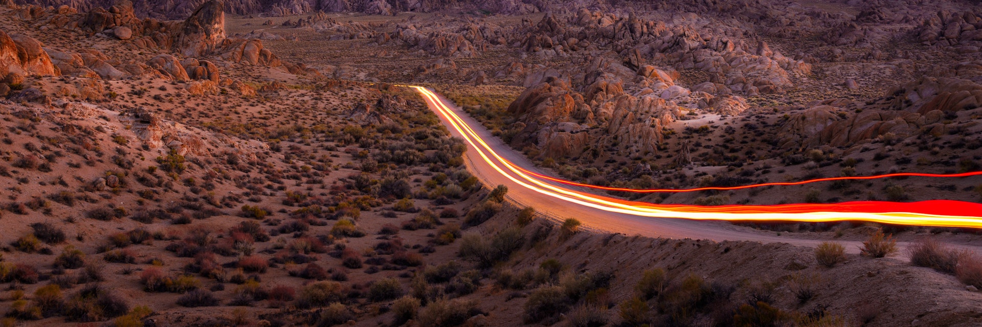 Colorful Light Trail Scenic Road with Lone Pine of Alabama Hills, California; Shutterstock ID 1577265994; your: Meghan O'Dea; gl: 65050; netsuite: Digital Editorial; full: POI