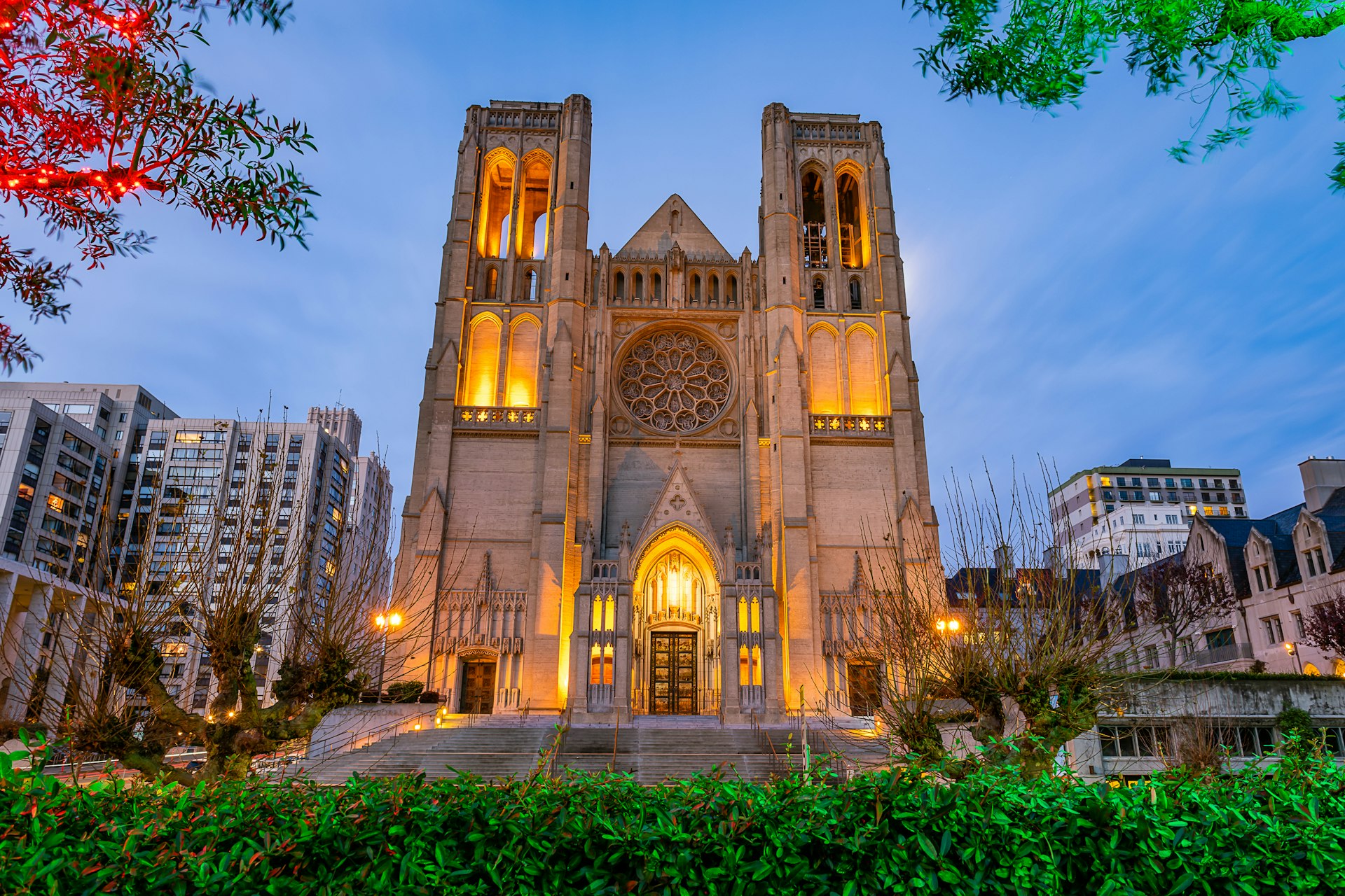 Grace Cathedral at twilight in Huntington Park, downtown San Francisco.