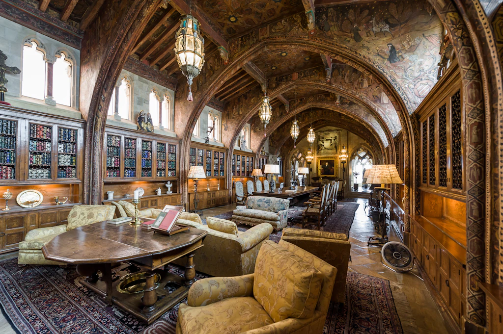 shutterstock_422528113.jpg Grand spacious living and dining room at Hearst Castle, which is a National and California Historical Landmark opened for public tours.;