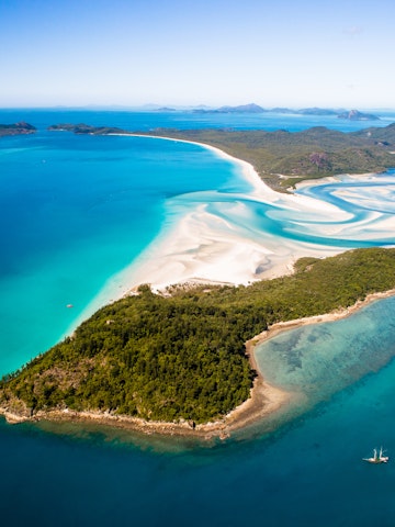Aerial view over Hill Inlet at Whitsunday Island with the world renowned Whitehaven Beach in the Whitsunday's, Queensland