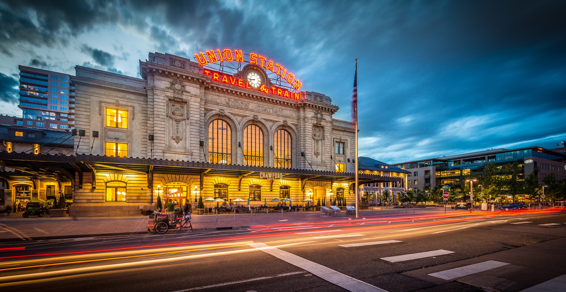 A long exposure shot of the Union Station at dusk