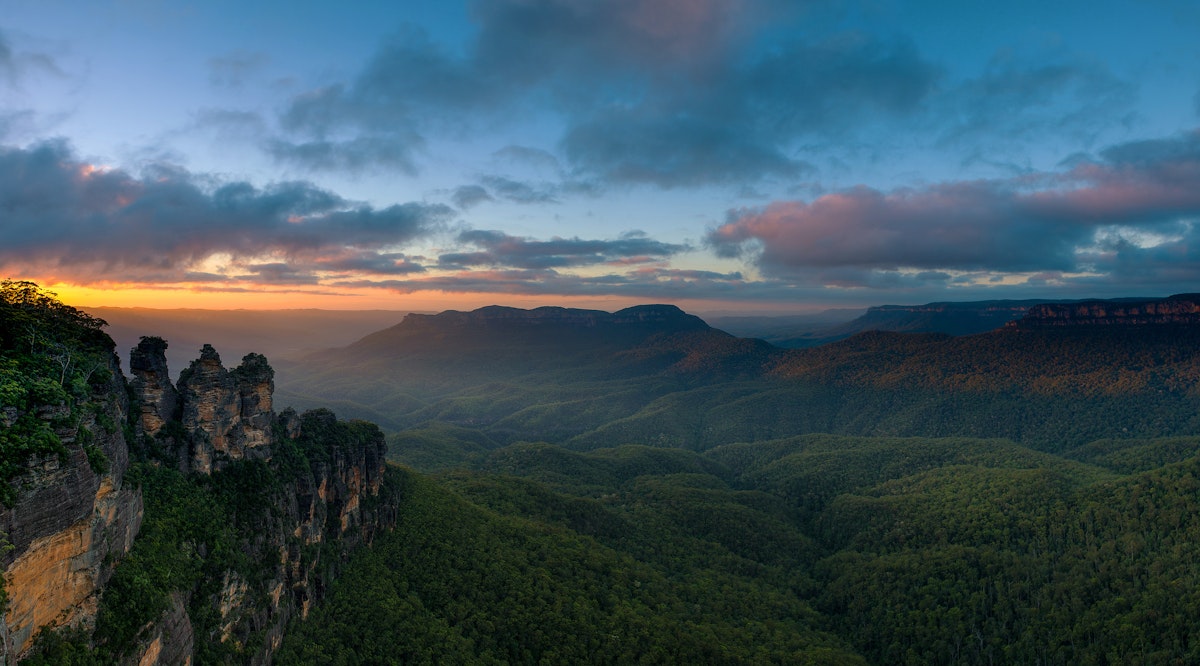 Landscape with forest and mountains at sunset, Katoomba, Australia