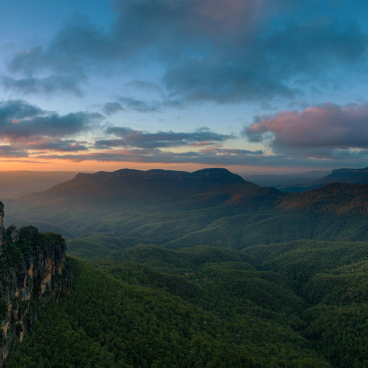 Landscape with forest and mountains at sunset, Katoomba, Australia