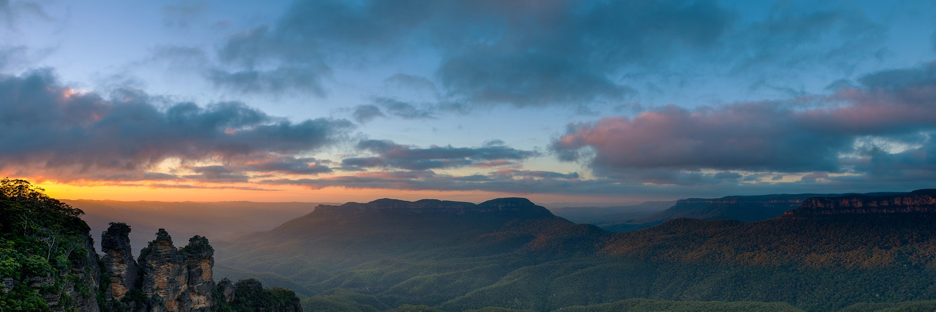 Landscape with forest and mountains at sunset, Katoomba, Australia