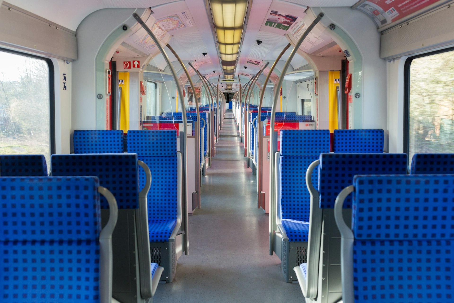 Interior view of an empty S-Bahn train in Munich, Germany