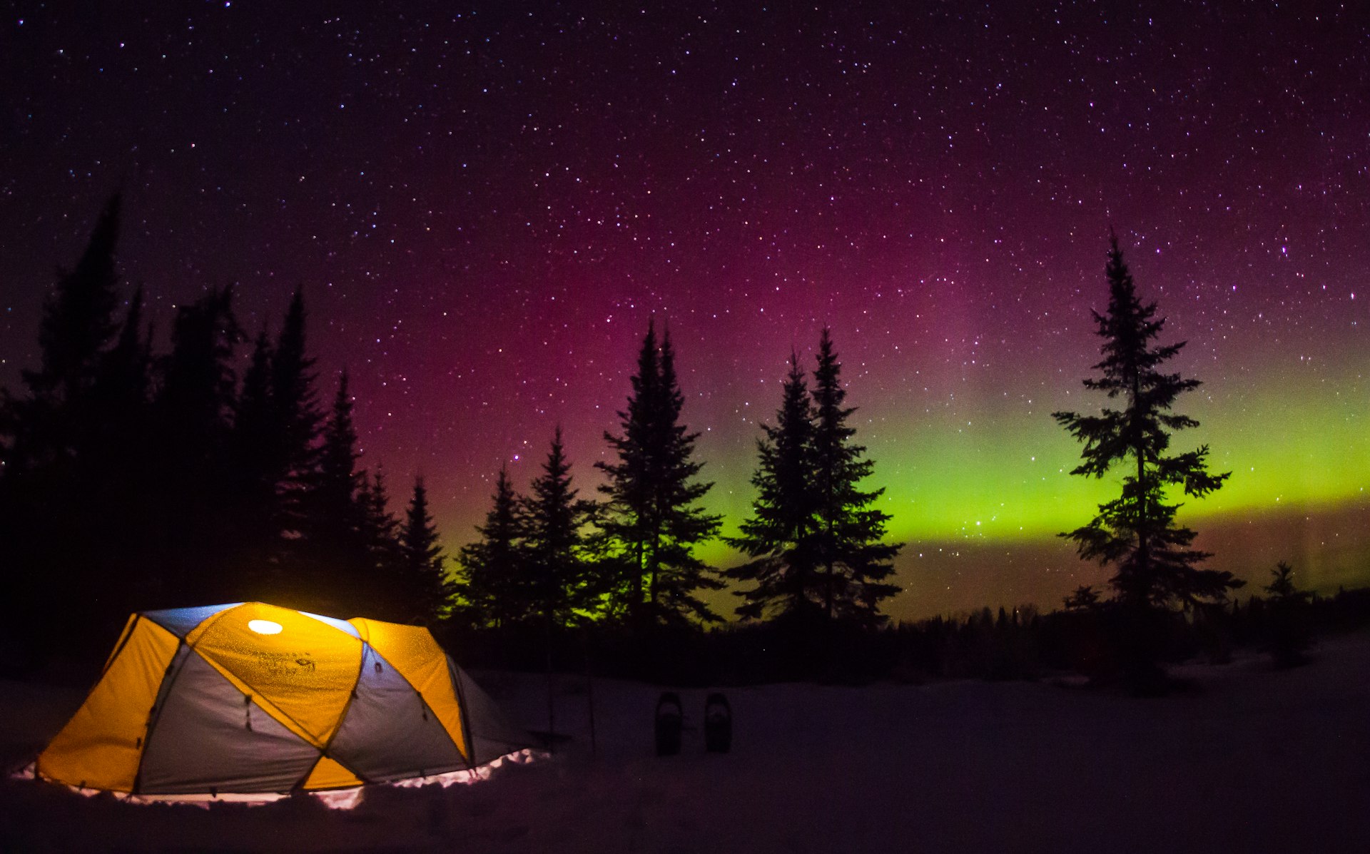 The aurora borealis light up the night sky above a tent pitched in the snow