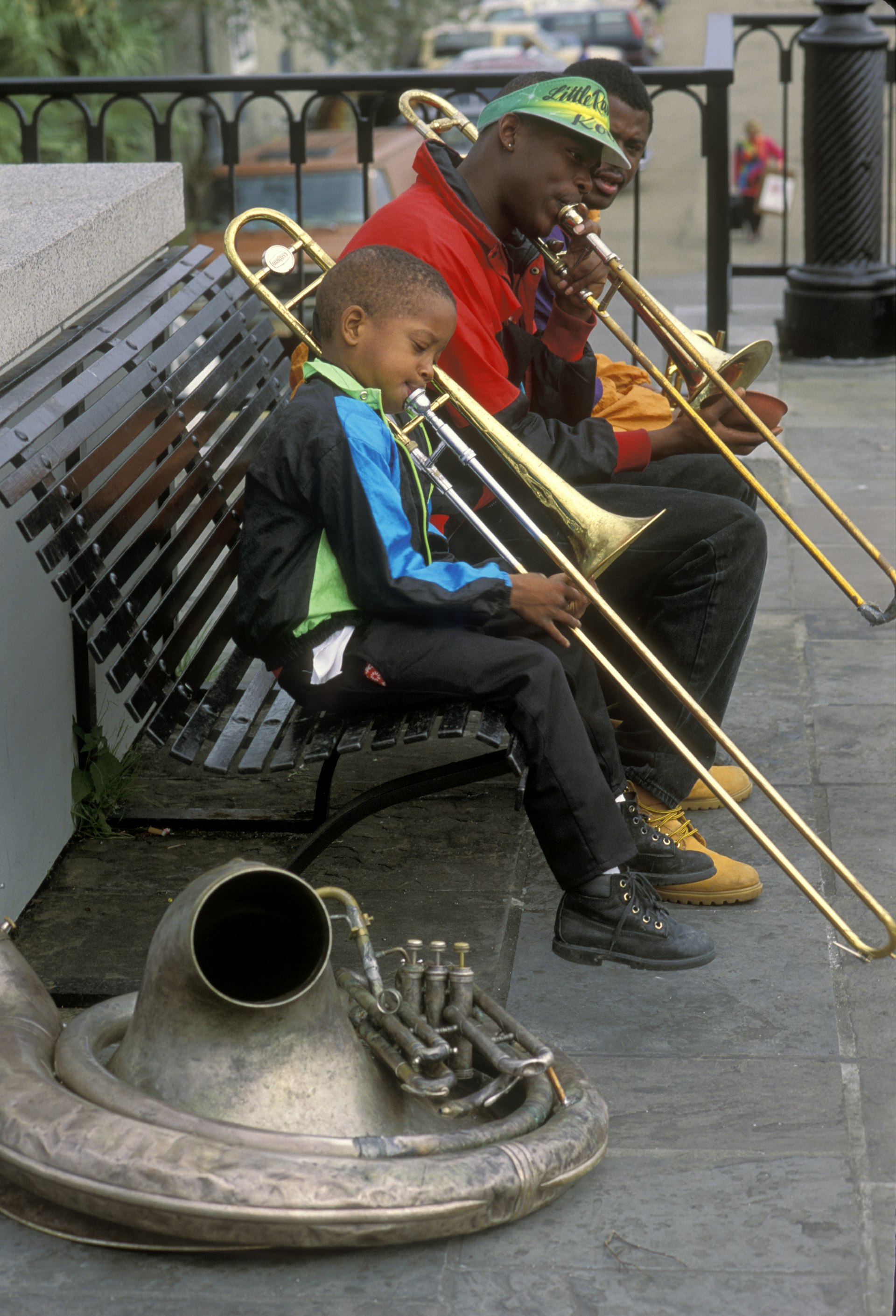 Seven-year-old Michael Andrews practices with some older members of his band before a Mardi Gras parade in the French Quarter of New Orleans, Louisiana