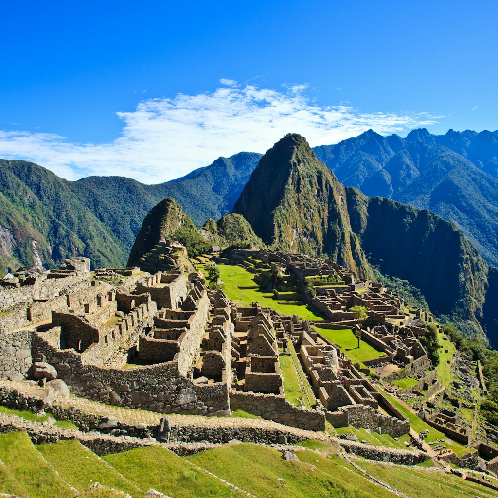 Machu Picchu above the Urubamba Valley on a sunny day.