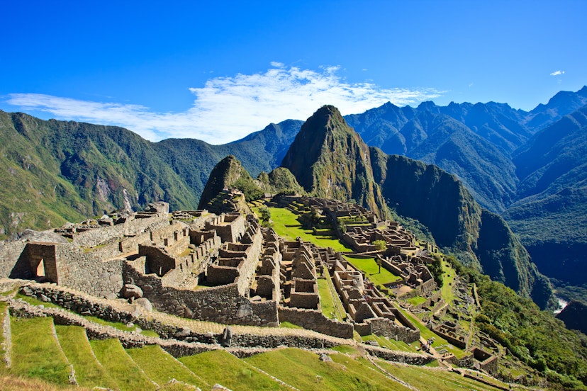 Machu Picchu above the Urubamba Valley on a sunny day.