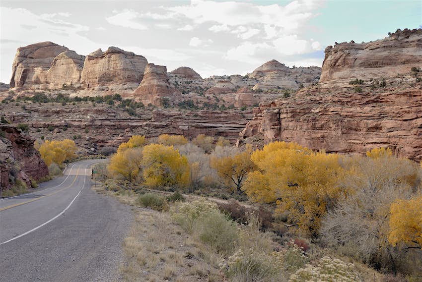 Une route serpente à travers une zone de canyon multicolore