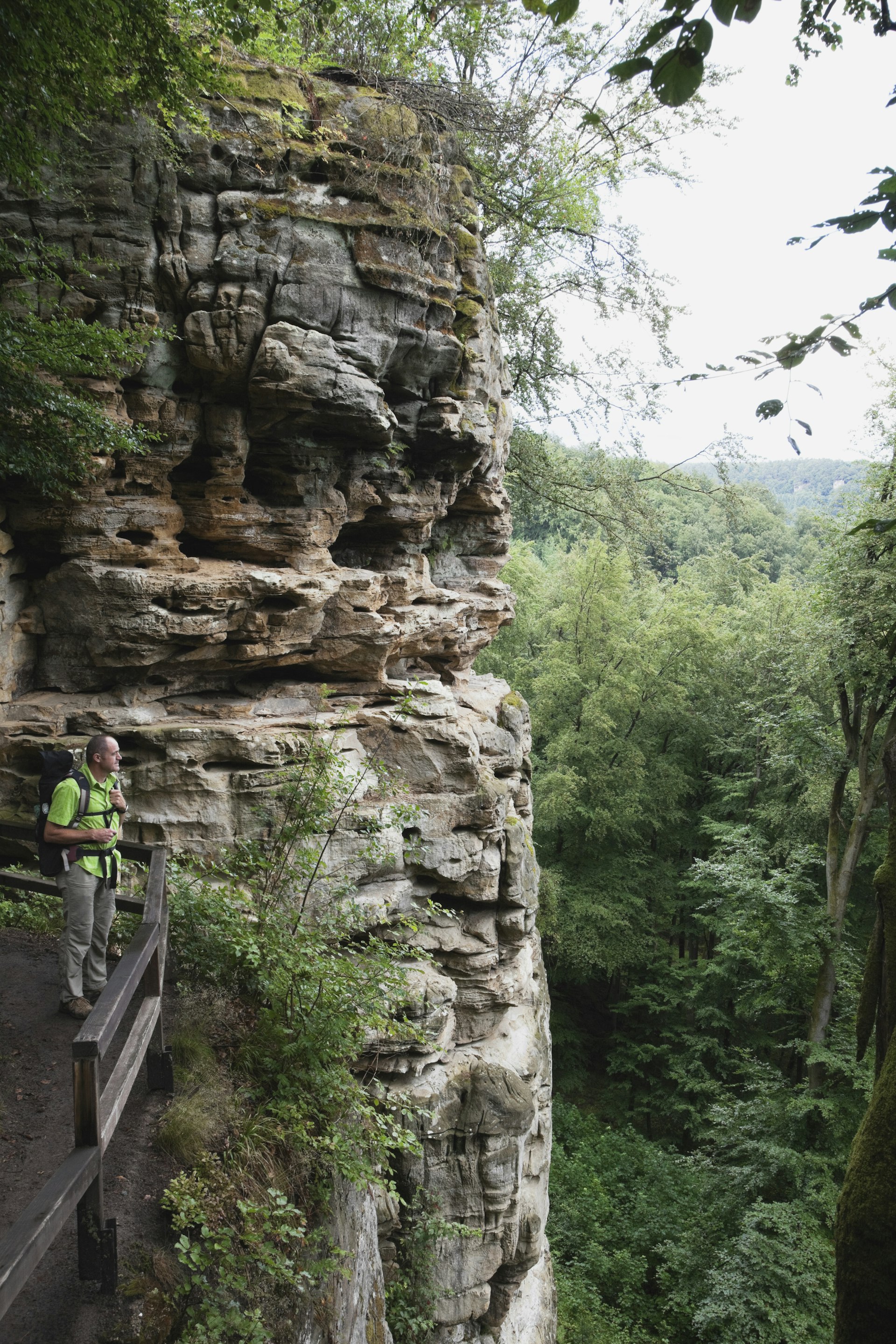 Hiker on a sandstone rock formation in the beech tree foreset of Eifel National Park, Germany