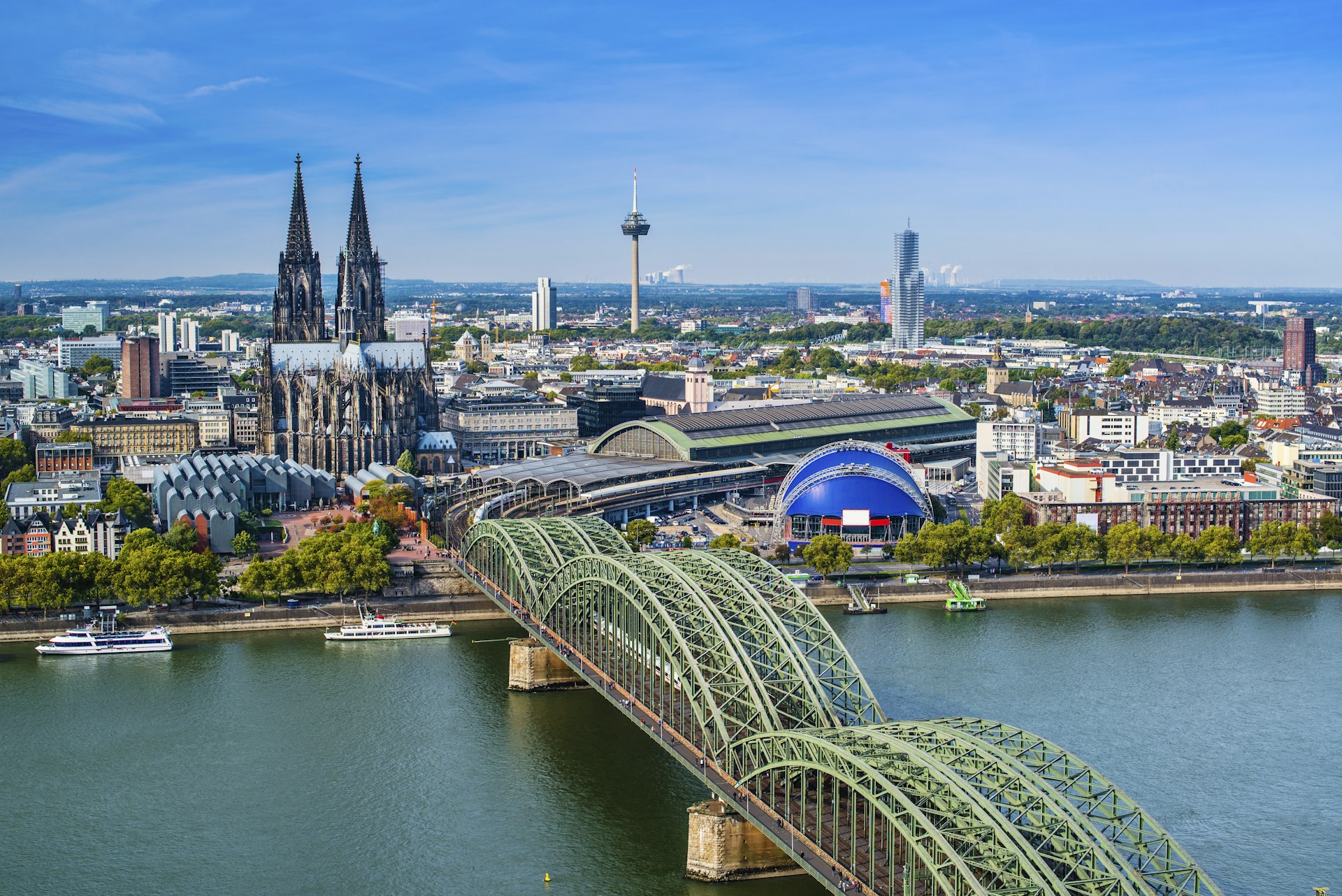 Aerial view of Cologne, Germany, over the Rhine River
