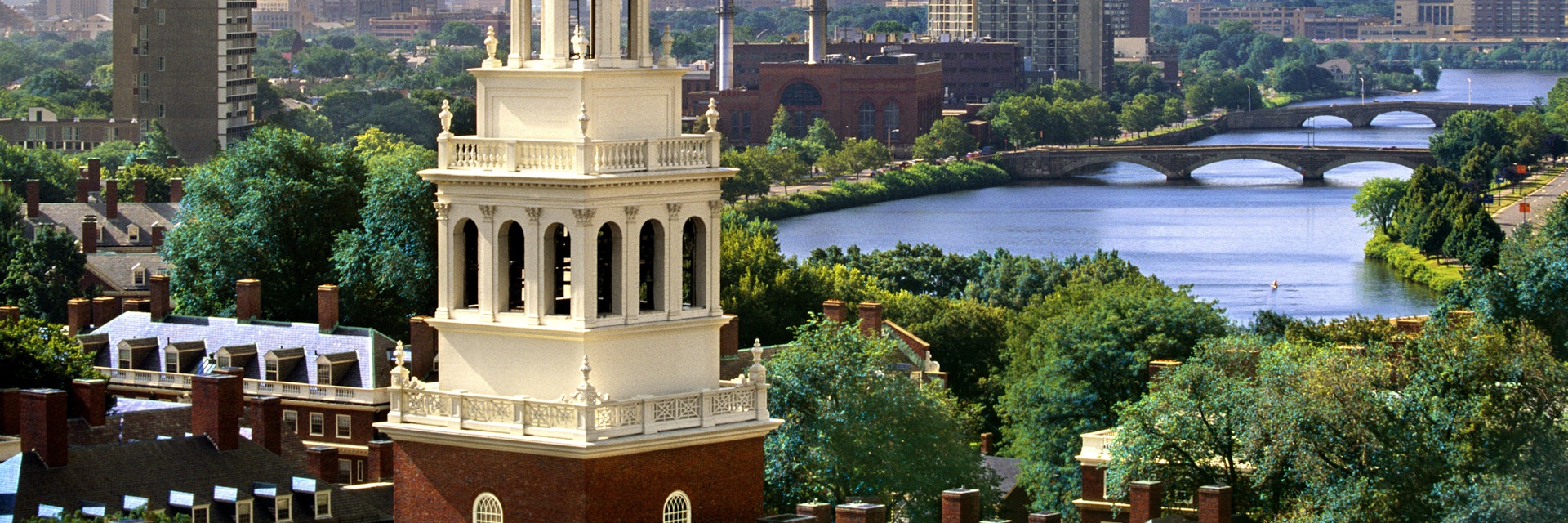 Elevated view, Lowell House, Harvard Square, Harvard University and Charles River.
