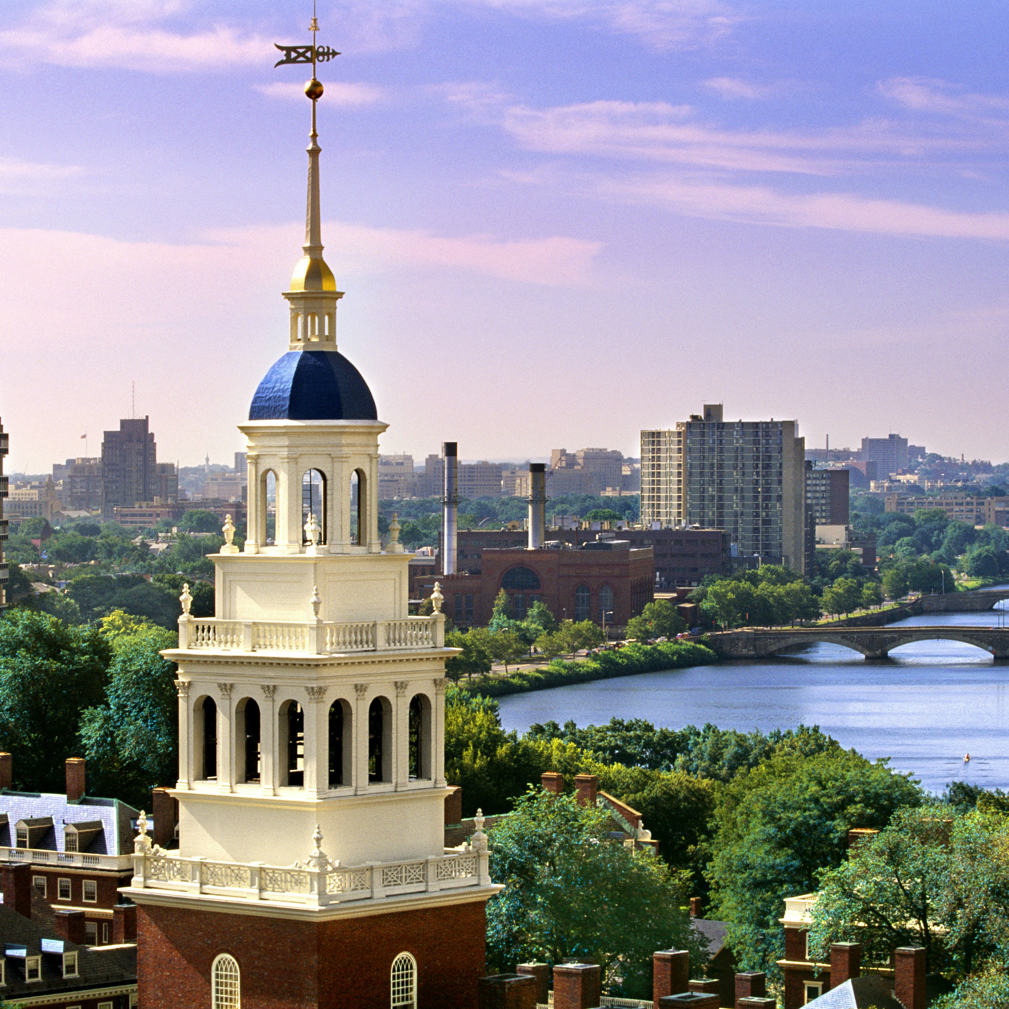 Elevated view, Lowell House, Harvard Square, Harvard University and Charles River.