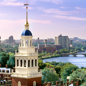 Elevated view, Lowell House, Harvard Square, Harvard University and Charles River.