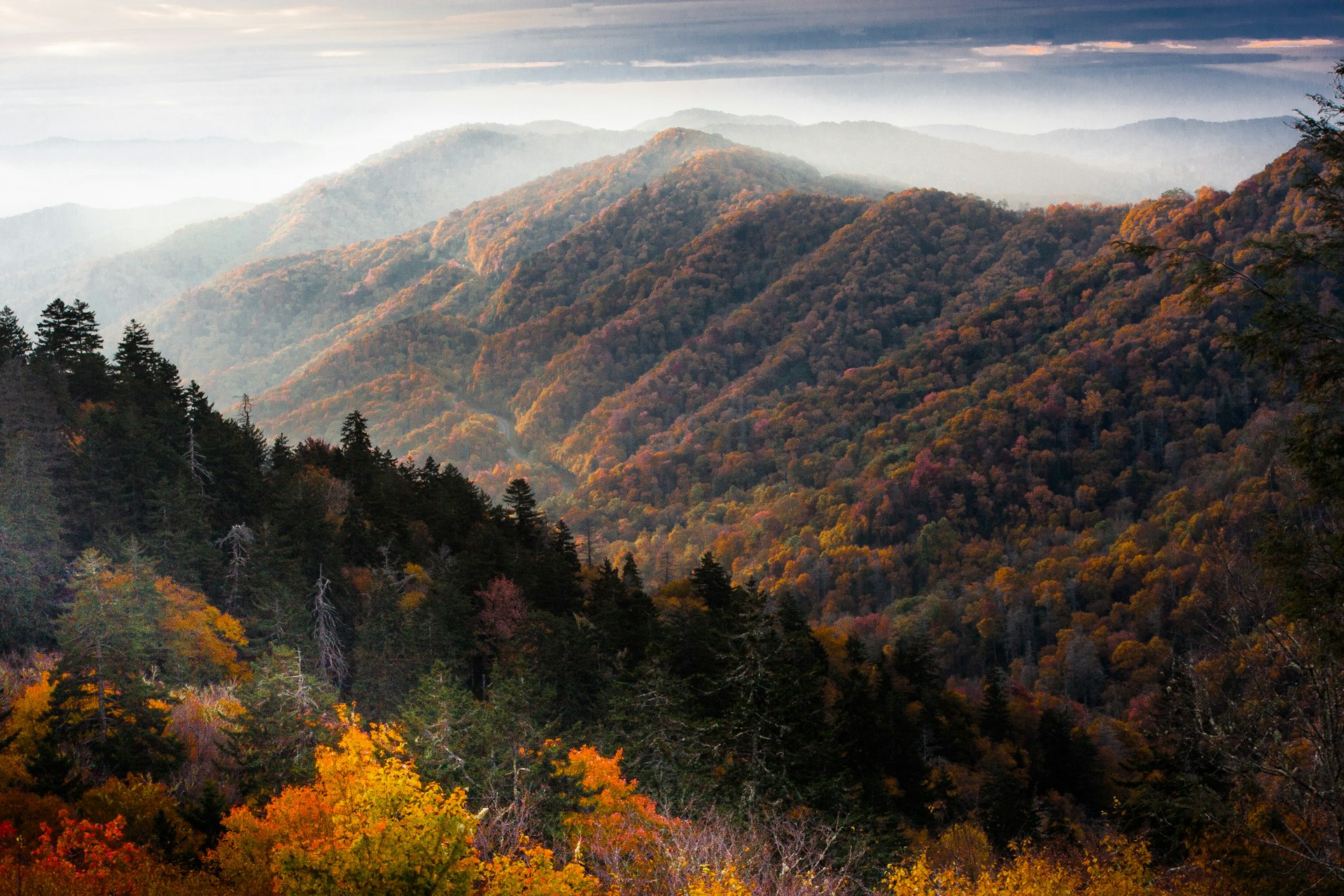A view of the sun rising between mountains in the Smoky Mountains, USA. The mountains are covered in thick forest.