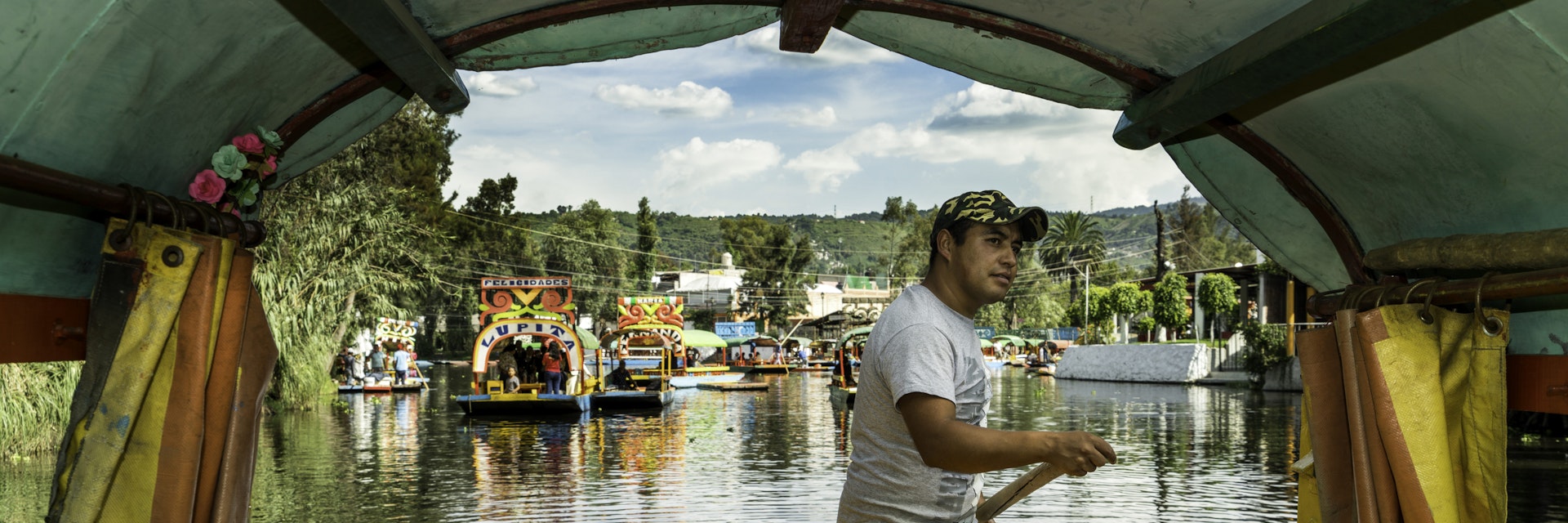 Trajinera or punt on the canals and floating gardens of Xochimilco Mexico City