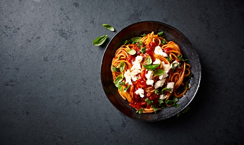 Spaghetti with fresh Tomato Sauce, Mozzarella and Basil ( seen from above)