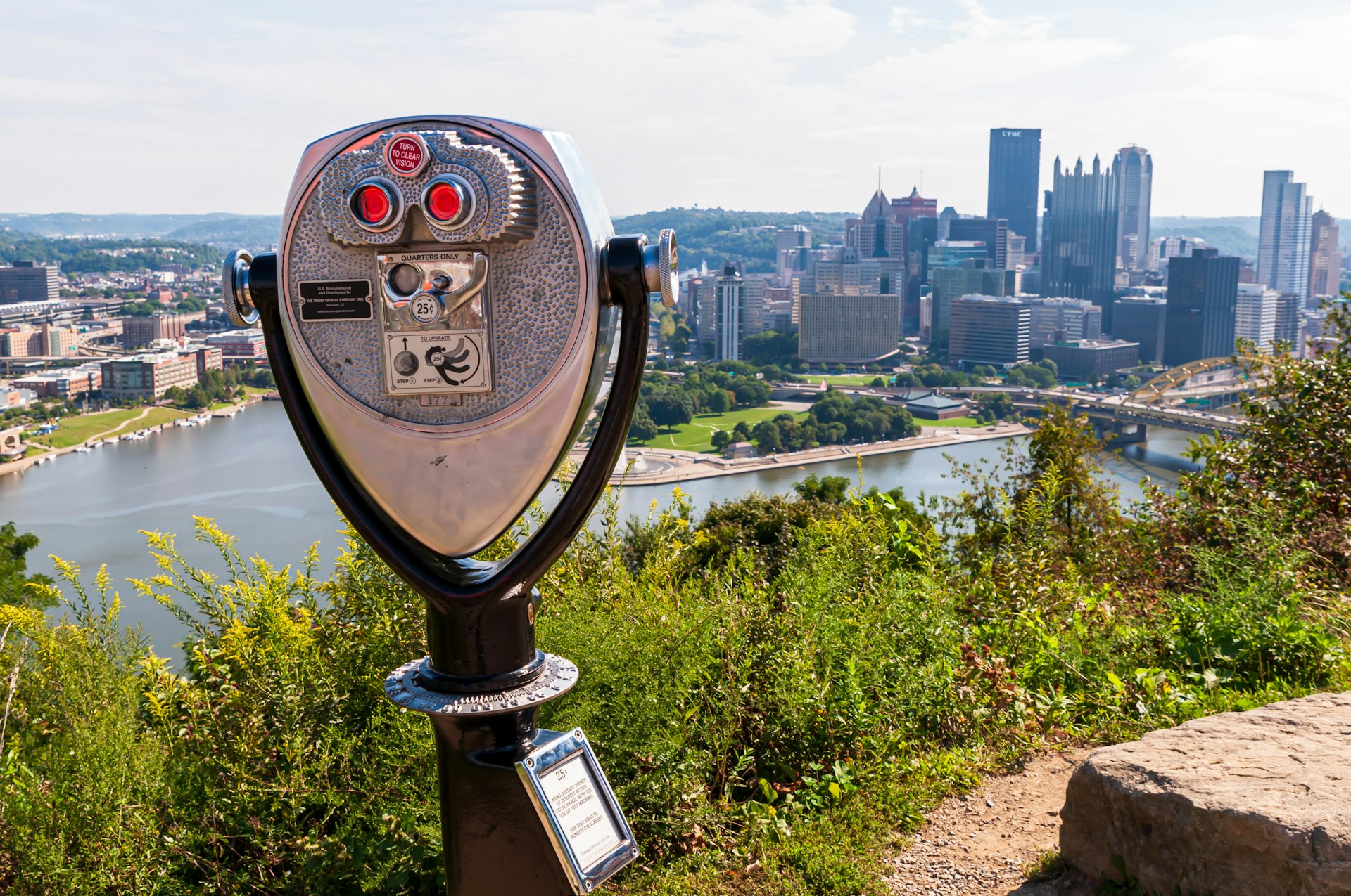 A tower viewer overlooking downtown from Mt Washington on a summer day, Pittsburgh, Pennsylvania, USA