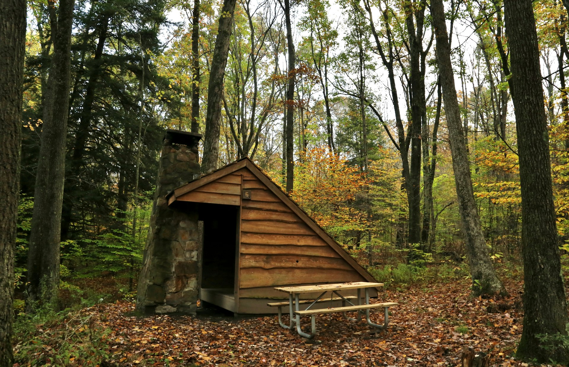 Wooden Adirondack backpackers shelter in a wooded area in Oil Creek State Park in Pennsylvania.