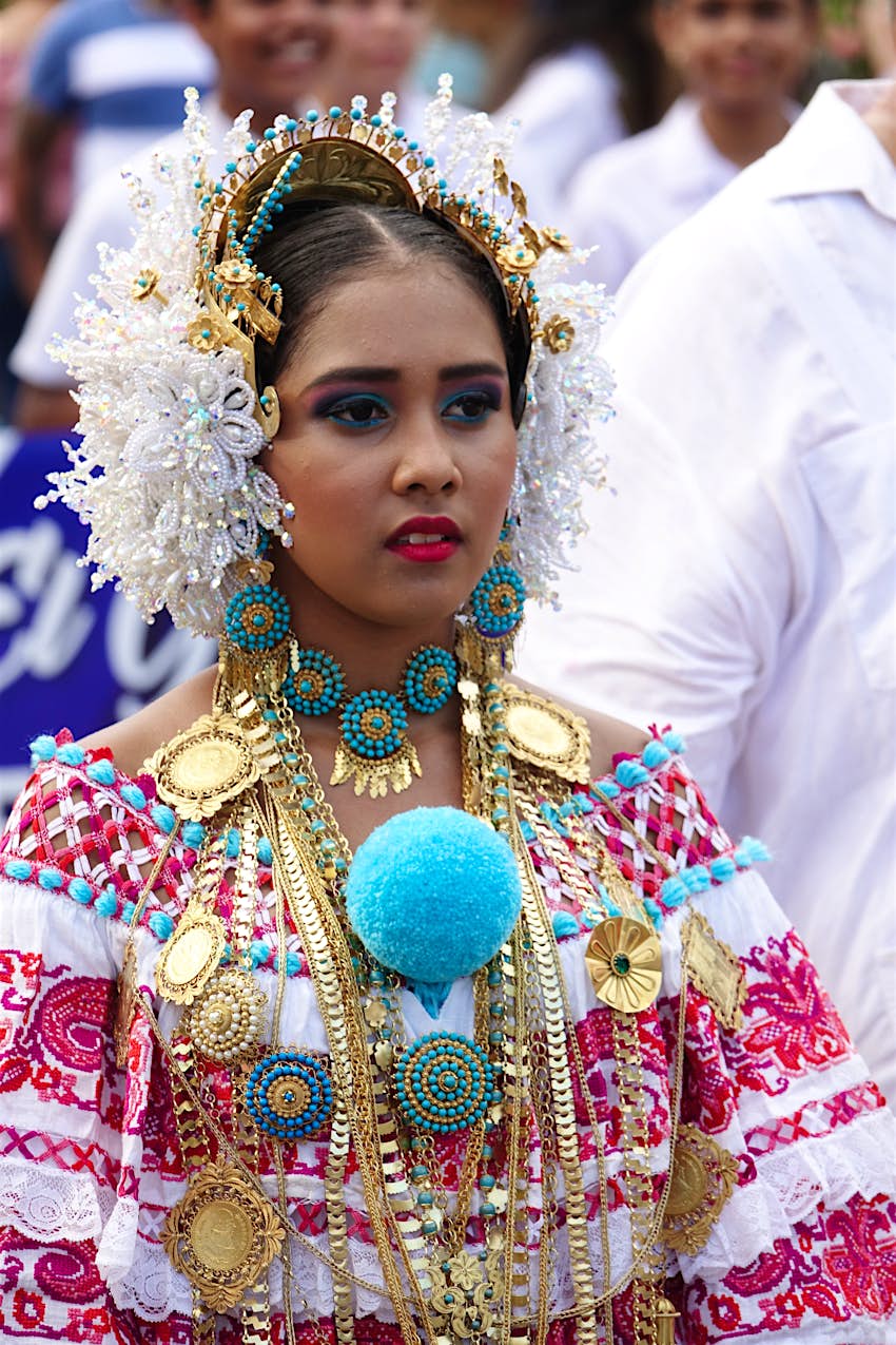 A woman in traditional dress on Día de la Independencia 