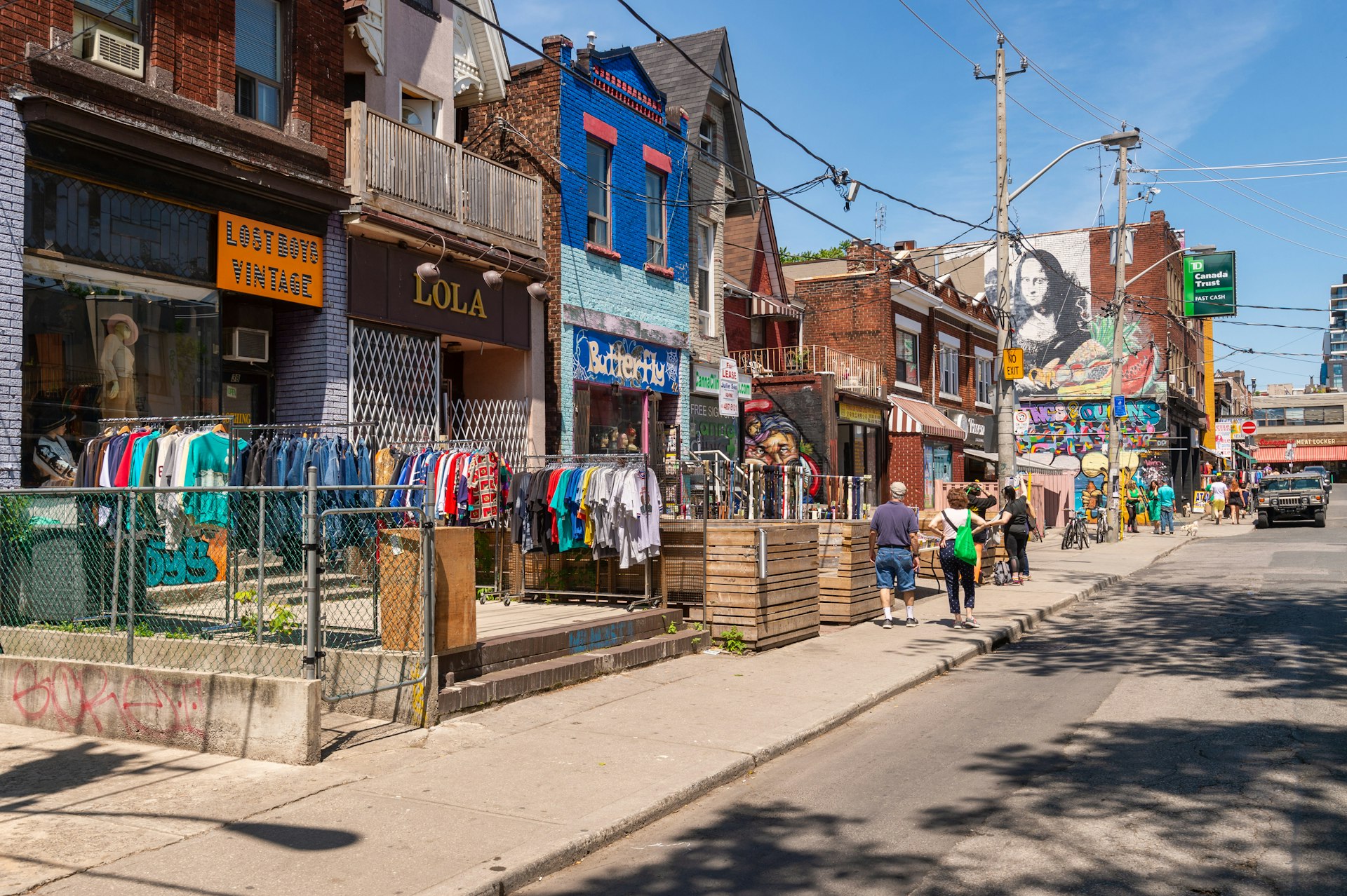 A street scene of colorful stops