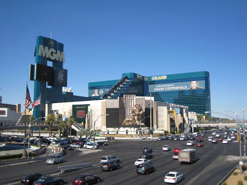 The MGM Grand The exterior of The MGM Grand in Las Vegas as seen from across the Strip on a clear, blue, cloudless day.