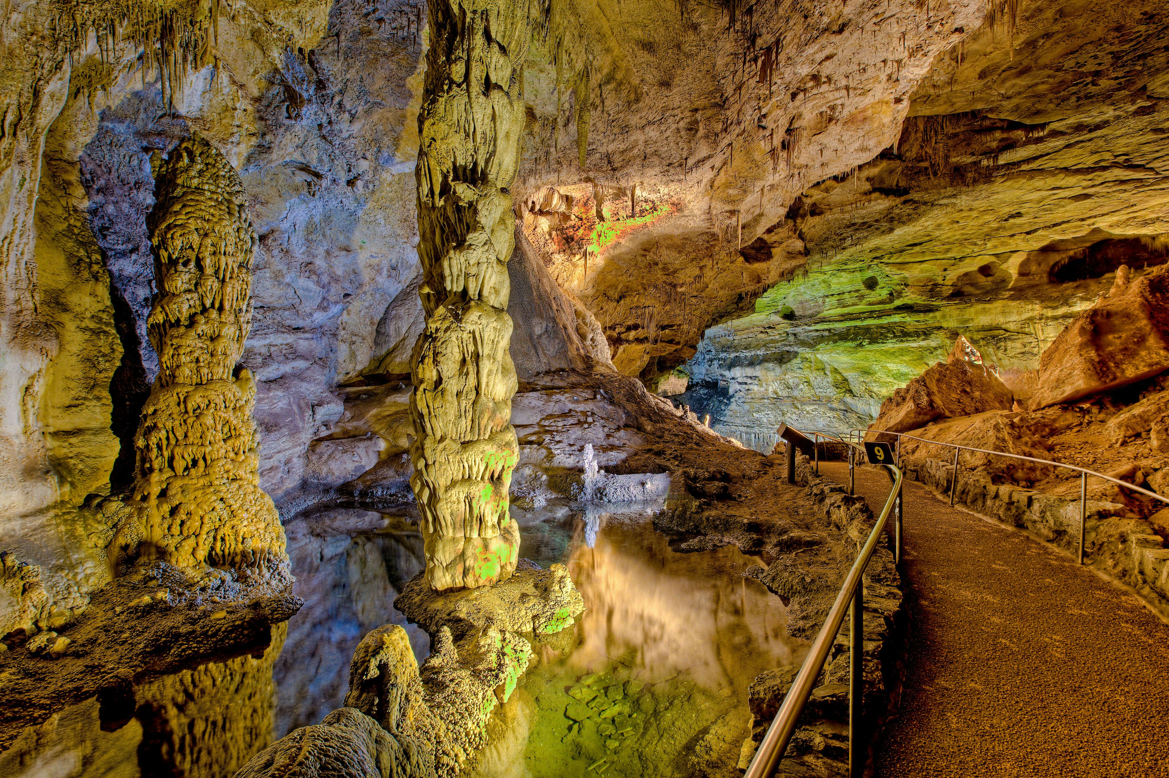 Subterranean columns in spring-fed pool, Carlsbad Caverns National Park, New Mexico.