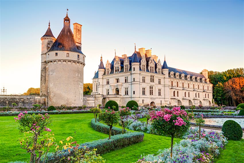 Formal gardens, Chateau de Chenonceau A shot through formal gardens towards a chateau with a rounded turret