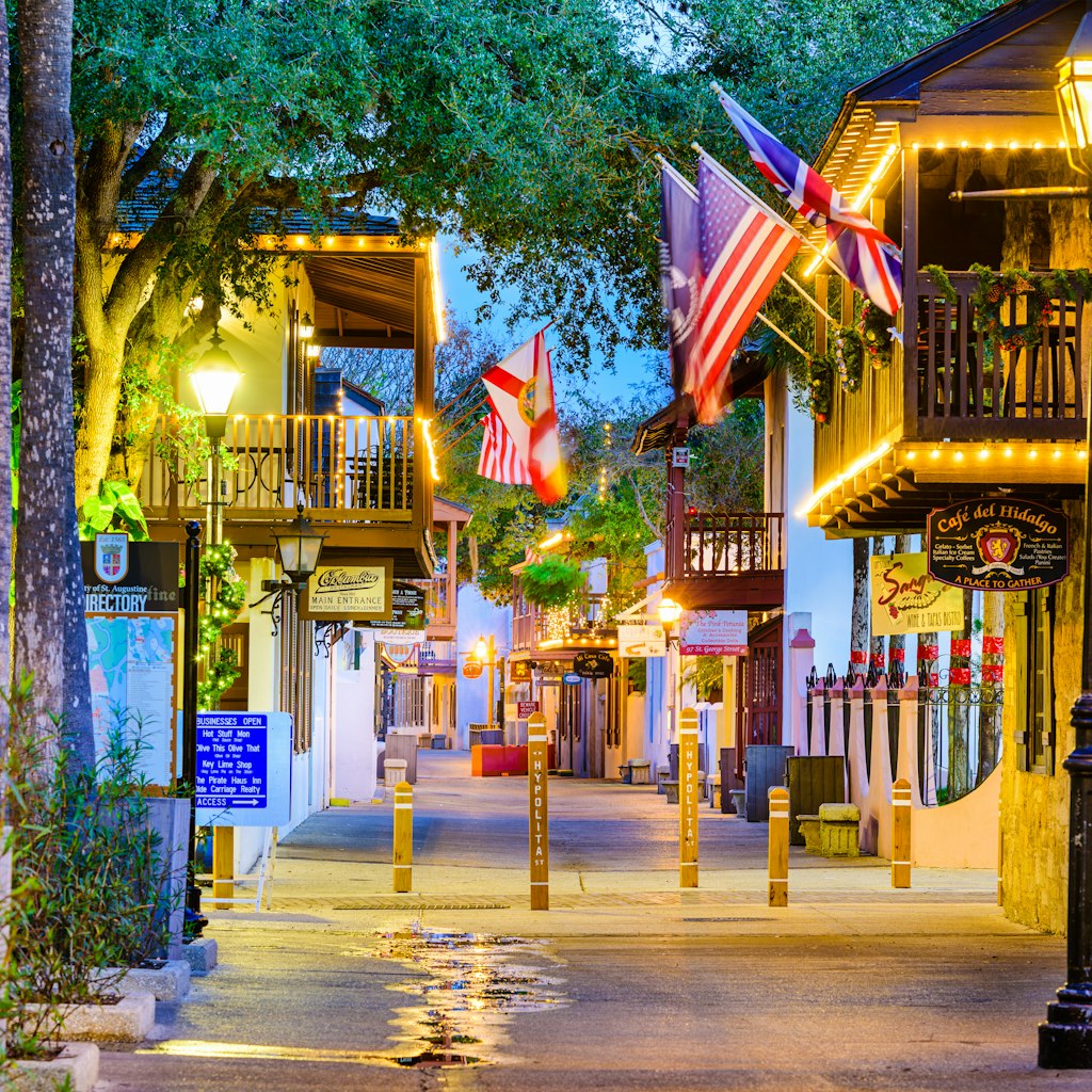 ST. AUGUSTINE, FLORIDA - JANUARY 5, 2015: Shops and inns line St. George. Once the main street, it is still considered the heart of the city.