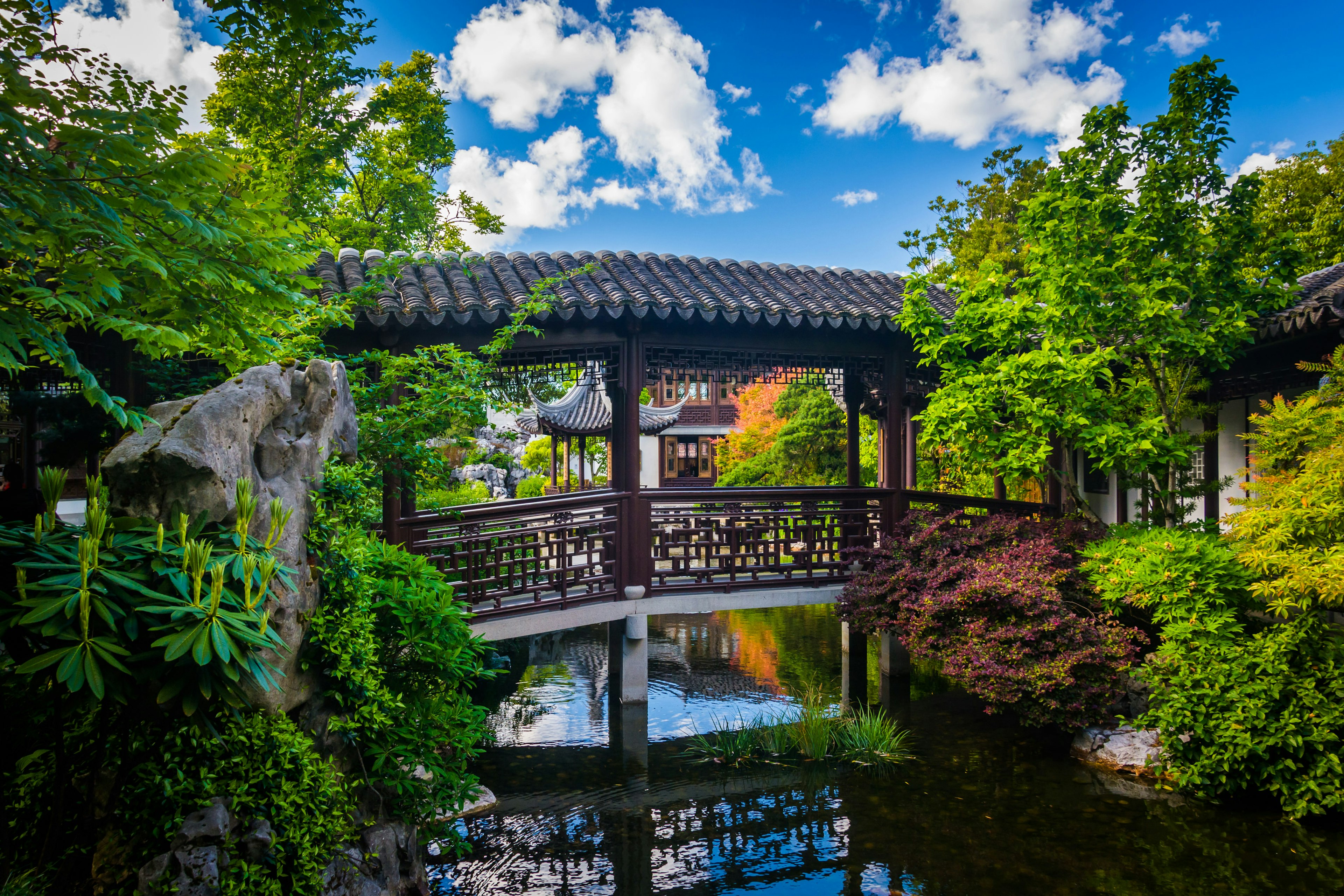 Bridge over a pond at the Lan Su Chinese Garden in Portland, Oregon