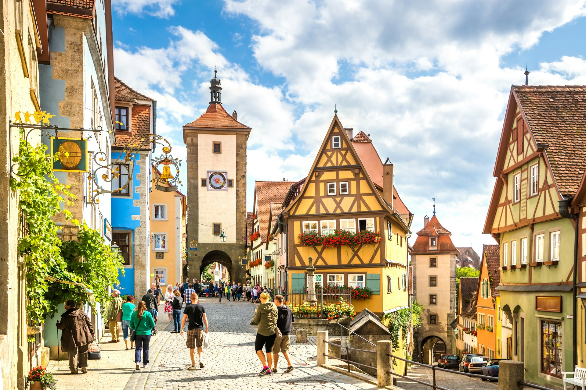 Timber framed houses and a clock tower in Rothenburg ob der Tauber