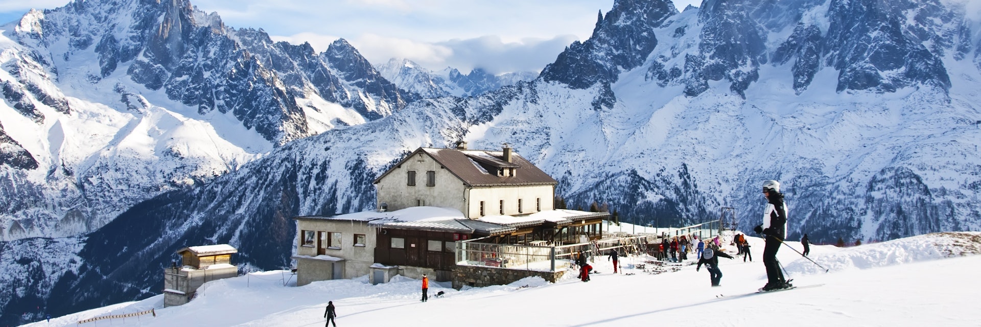 The winter view on the montains and ski lift station in French Alps near Chamonix Mont-Blanc