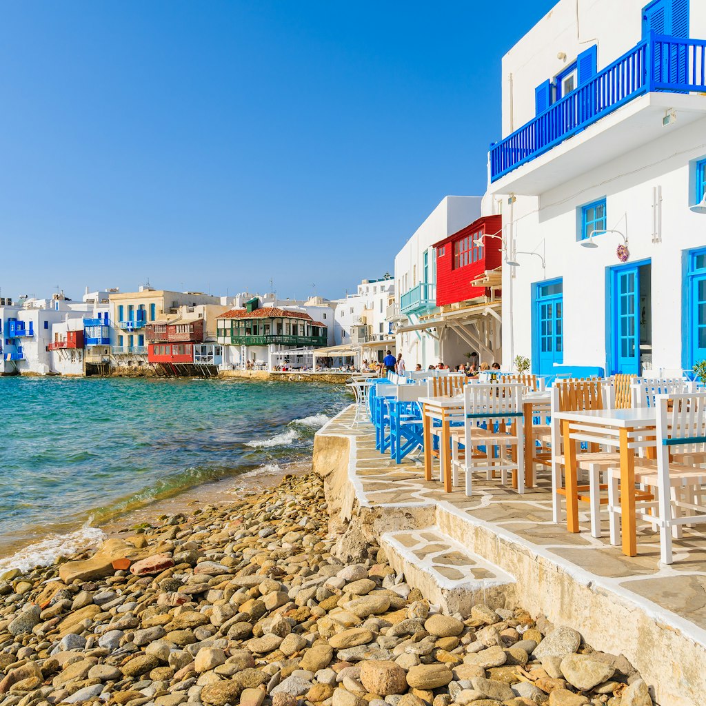 White tavern buildings on the coast in the Little Venice part of Mykonos Town.
