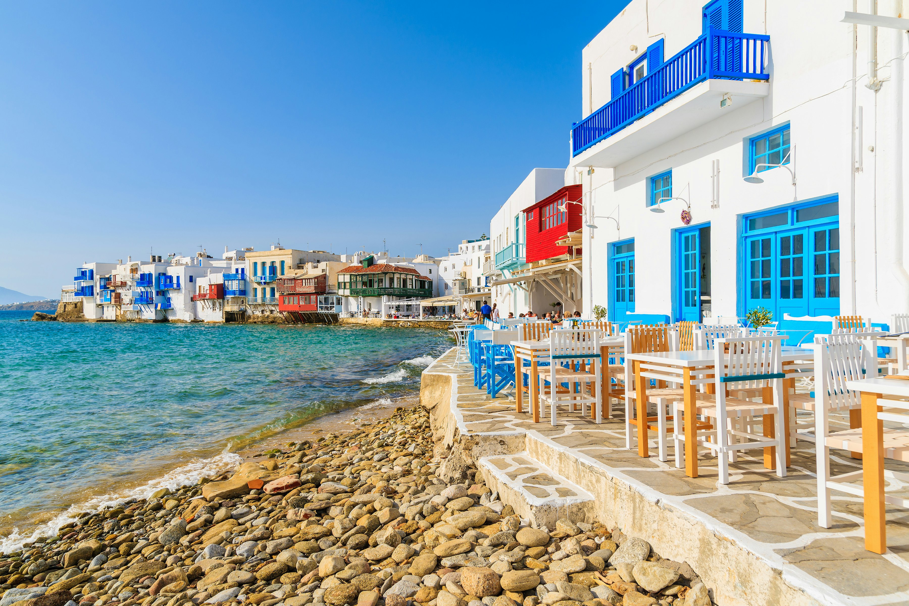 White tavern buildings on the coast in the Little Venice part of Mykonos Town