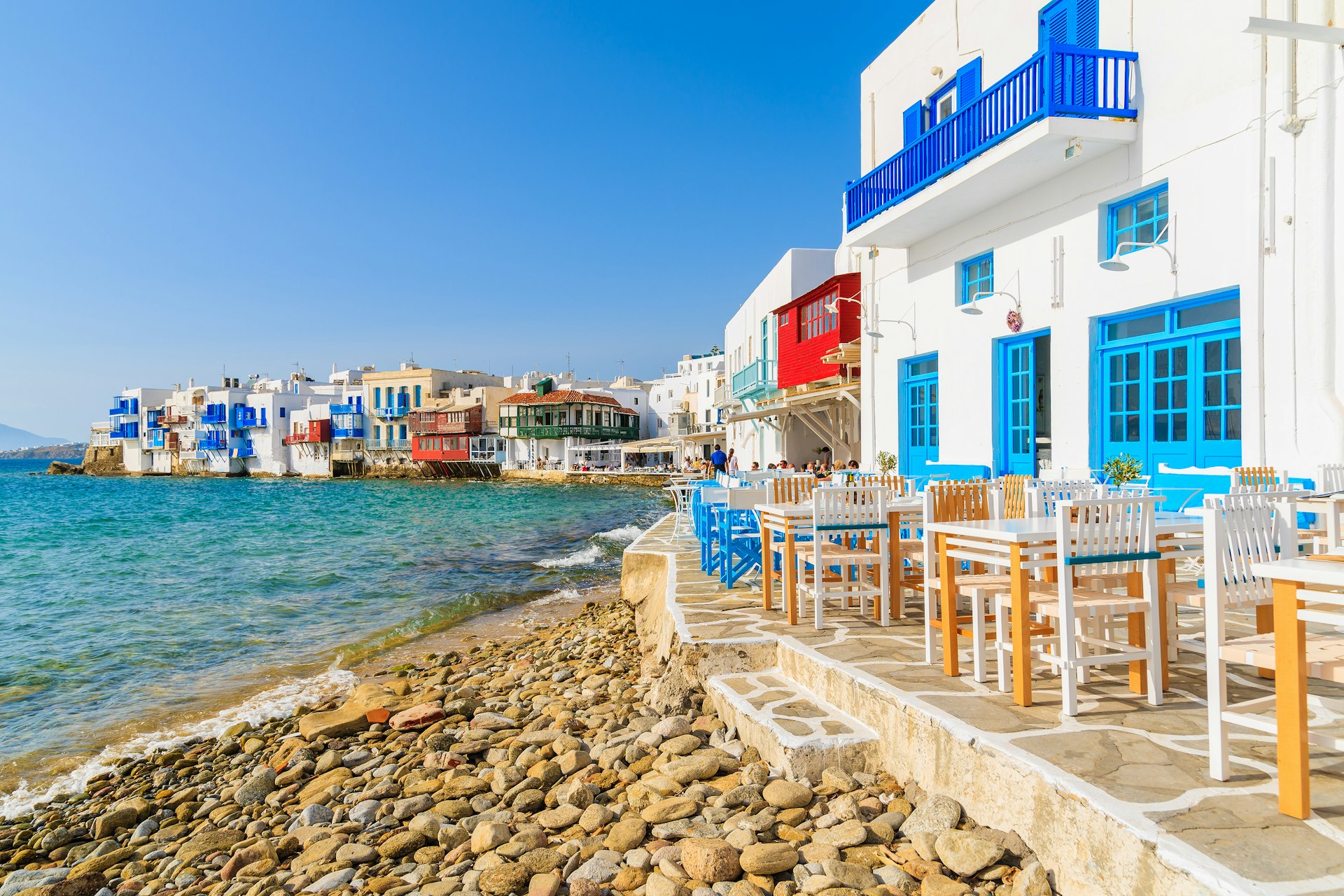 White tavern buildings on the coast in the Little Venice part of Mykonos Town