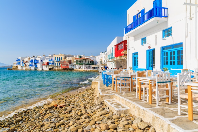 White tavern buildings on the coast in the Little Venice part of Mykonos Town.