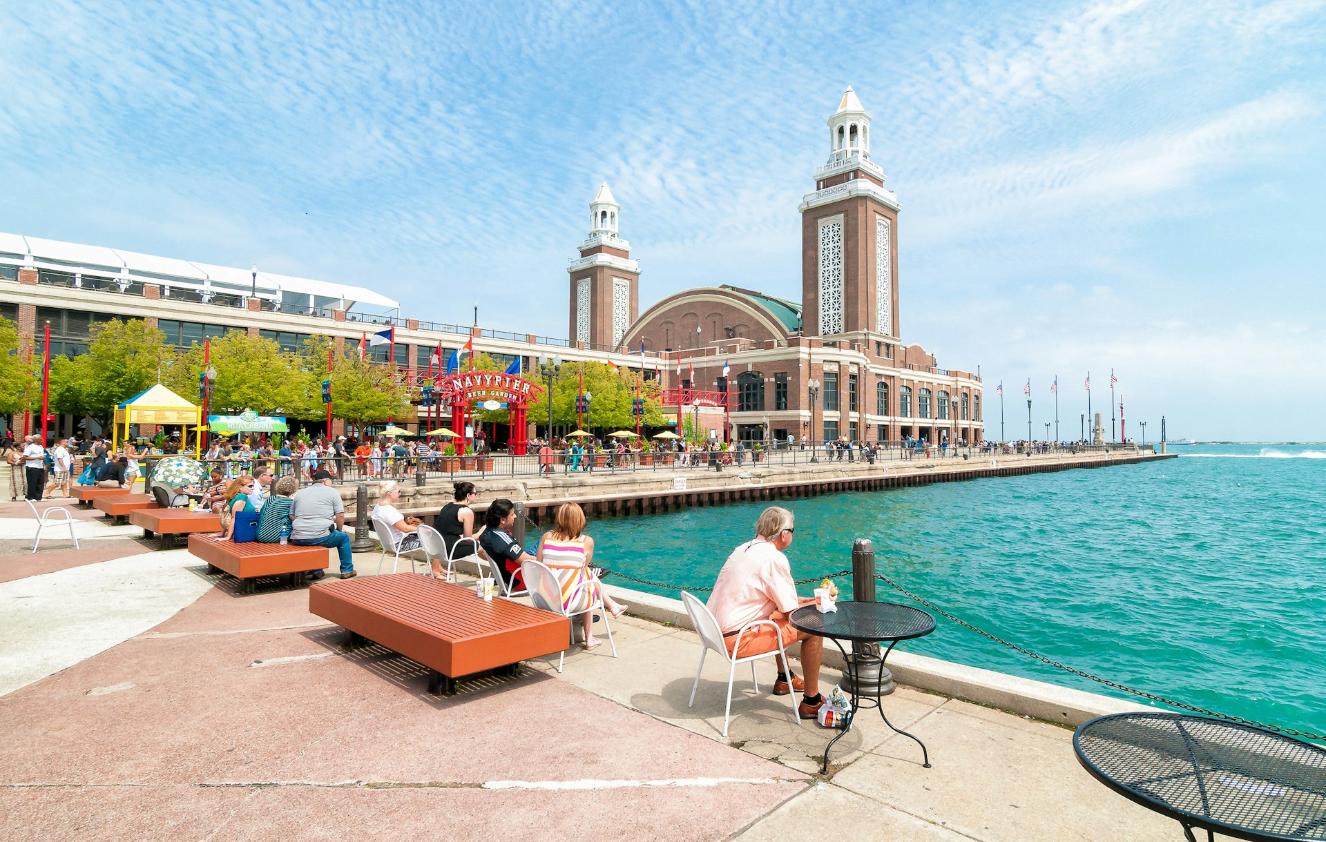 Visitors on seats at the Navy Pier Beer Garden in Chicago, Illinois