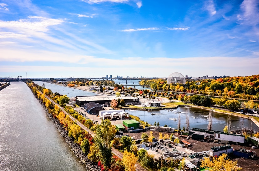 High-angle view of Saint Laurence River with St-Helene isle in Montreal during autumn.