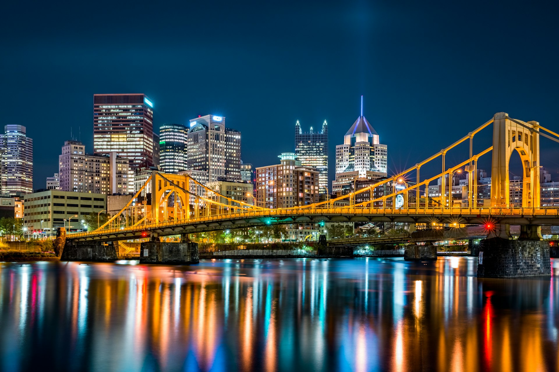 The Rachel Carson Bridge (aka Ninth Street Bridge) spans Allegheny river in Pittsburgh at night