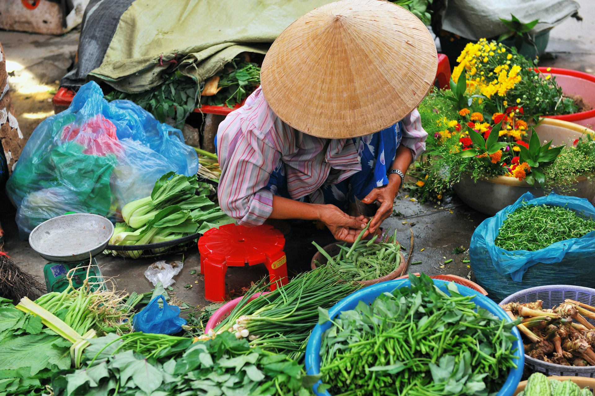 Vietnamese vegetable seller at the market. 