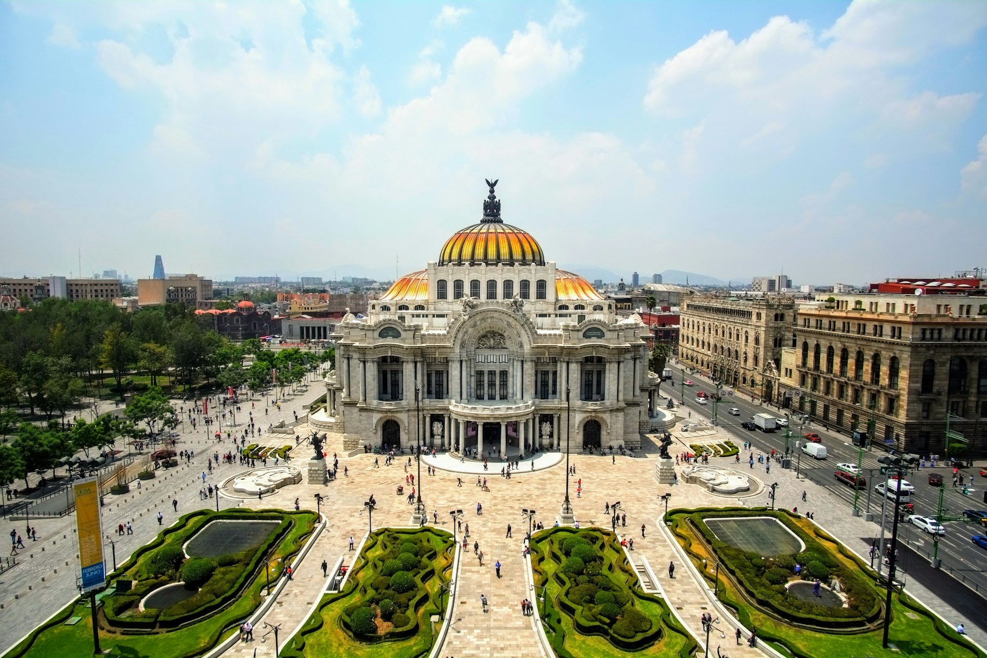 Aerial of Palacio de Bellas Artes on the western side of the historic center in Mexico City