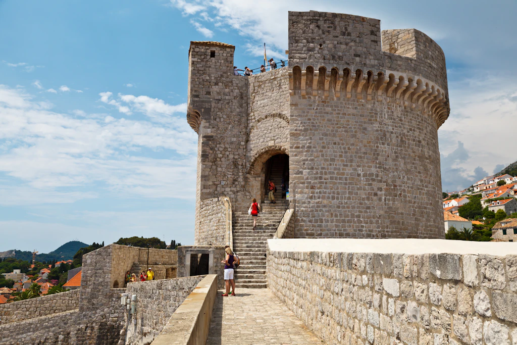 Minceta Tower in Dubrovnik A huge round stone tower on the corner of city walls