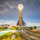 Iconic Observation Tower, Railroad Tracks and City Park at Night - Dallas, Texas, USA ;