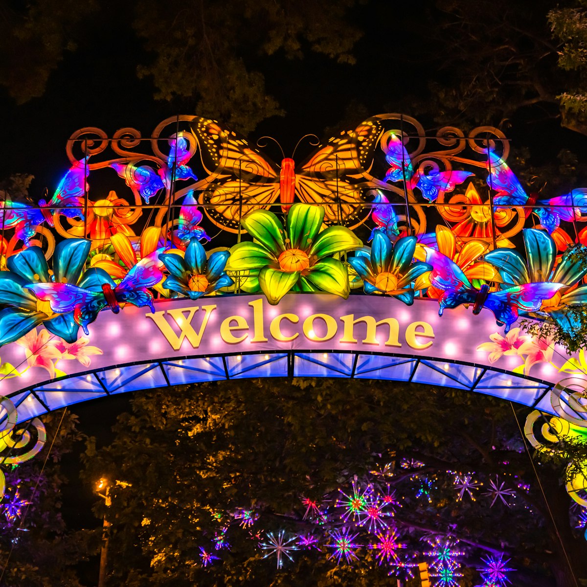 Boston, MA - 9/11/20: A welcome arch of butterflies and flowers made of traditional Chinese lanterns, spans the entry of the Franklin Park zoo for Boston Lights; Shutterstock ID 1824698471; your: Claire Naylor; gl: 65050; netsuite: Online Editorial; full: Boston POIs