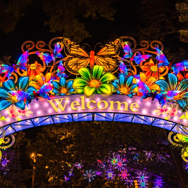 Boston, MA - 9/11/20: A welcome arch of butterflies and flowers made of traditional Chinese lanterns, spans the entry of the Franklin Park zoo for Boston Lights; Shutterstock ID 1824698471; your: Claire Naylor; gl: 65050; netsuite: Online Editorial; full: Boston POIs