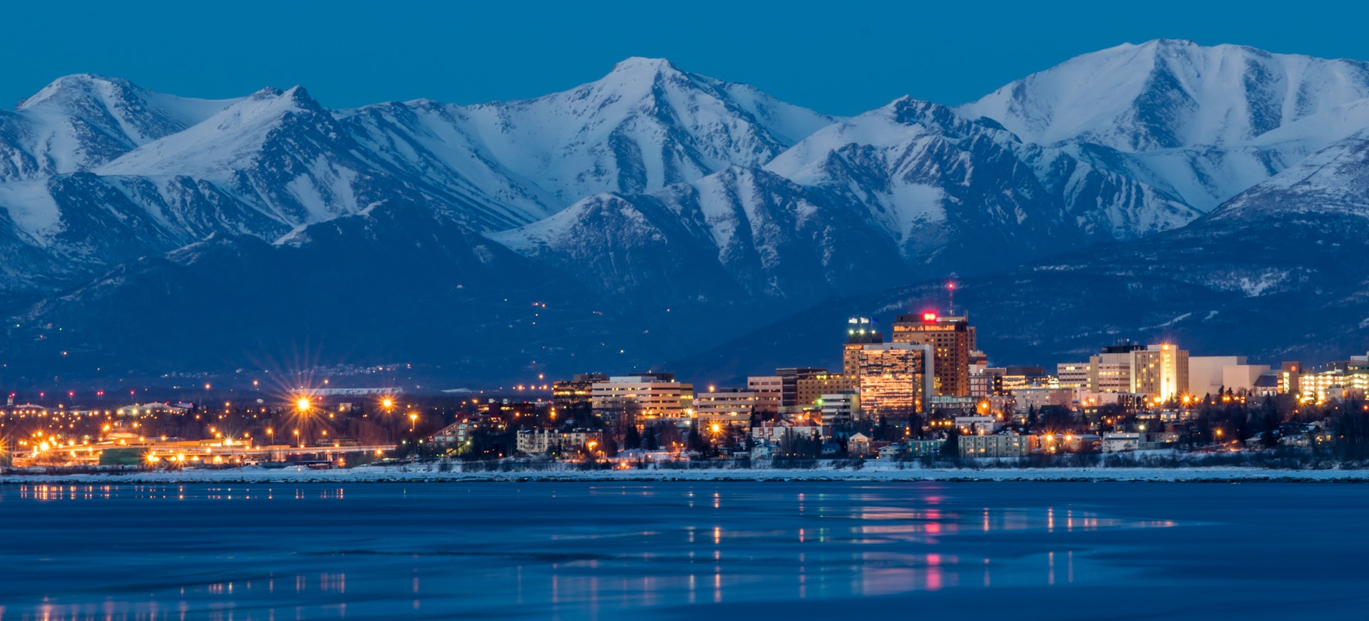 The skyline of Anchorage in Alaska lit up at night