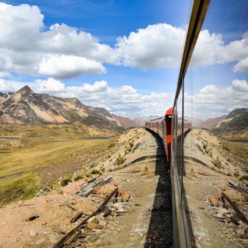 The Ferrocaril Central Andino train, the worlds second highest railroad, crosses the Andes en route from Lima to Huancayo.
